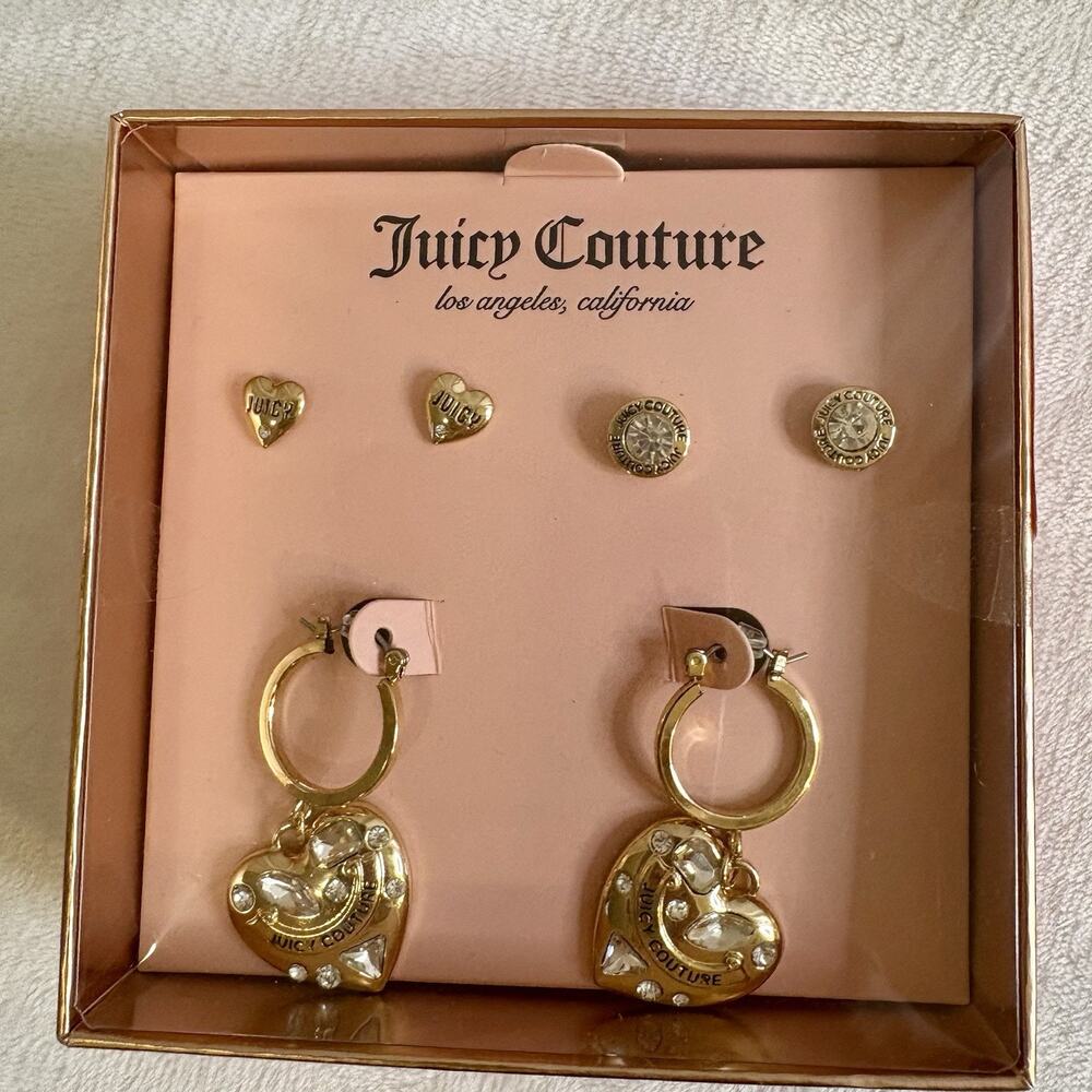 Juicy Couture Heart Earrings Set Of 3 Gold Tone Pink boxed Set NWT